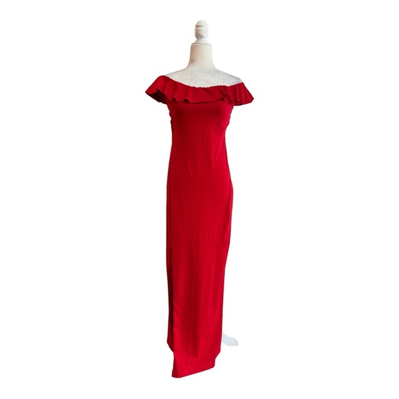 Susanna Monaco Red Ruffle Slit Maternity Gown Womens Size S Formal Off Shoulder - Picture 4 of 16